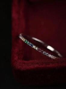 925純銀戒指配綠寶石和滿鑽石/彩虹色立方氧化鋯戒指/時尚風格925純銀戒指與寶石 - 白色 - 查看 4