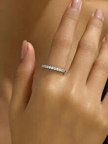 韓國時尚女單排立方晶鑽戒指,開口尾戒 - 銀色 - 查看 2