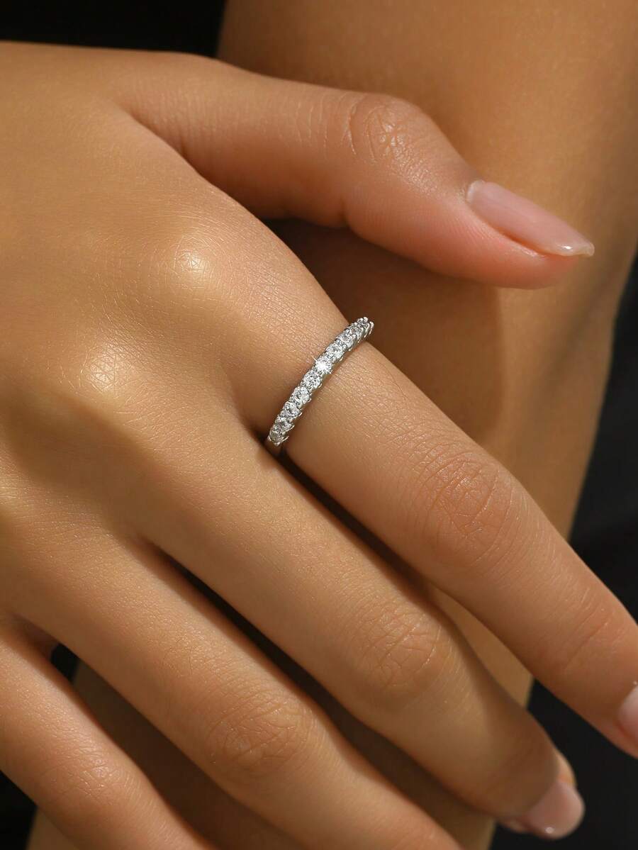 韓國時尚女單排立方晶鑽戒指,開口尾戒 - 銀色 - 查看 1