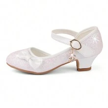 Girls Princess Shoes Sequins Sweet Bows High Heels Wedding Party Dress Shoes Dance Bright Diamond Cosplay Christmas Festival Shoes Pink Blue Purple Gold Silver - 白色 - 查看 2