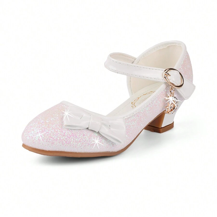 Girls Princess Shoes Sequins Sweet Bows High Heels Wedding Party Dress Shoes Dance Bright Diamond Cosplay Christmas Festival Shoes Pink Blue Purple Gold Silver - 白色 - 查看 1