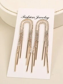 1對歐美風格鑽石鑲嵌流蘇u型耳環 - 金黃色 - 查看 3