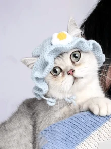 Sombrero de gato suave y lindo de otoño nuevo, disfraz de mascota con forma de flor azul de ganchillo, adorable gorra de gato - Azul - Ver 6