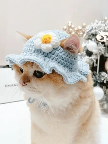 Sombrero de gato suave y lindo de otoño nuevo, disfraz de mascota con forma de flor azul de ganchillo, adorable gorra de gato - Azul - Ver 5