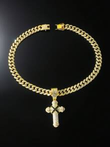 1pc Bling Chain Full Rhinestone Classic Cross Pendant Men'S Hip Hop Style Personalized Necklace For Daily Wear Or Gift - Yellow Gold - View 3