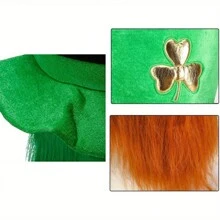 1頂聖帕特里克節綠色小妖精帽子,帶有胡子的愛爾蘭三叶草天鵝絨帽子,愛爾蘭節日派對服飾配件用品 - 綠色 - 查看 4