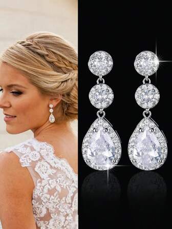 1 Pair Luxury Cubic Zirconia Water Drop Dangle Earrings For Women Wedding Dresses Ladies Jewelry Valentine's Day Gift Valentines,Mom,Mother,Mother's Day,Gift