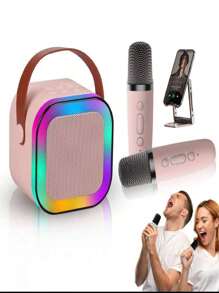 LED Bluetooth Speaker With Two Microphones For Singing And Multiple Auxiliary Connectivity Functions, Mini Karaokee - Pink - View 1