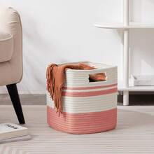 (3入組)櫃架收納籃,正方形編織繩收納籃,小型洗衣籃,收納編織籃,幼兒室、客廳、洗衣間、臥室玩具箱,可用來存放玩具、雜物、內衣褲、襪子、毛巾,尺寸：11x11x11英寸,25升,西瓜紅和白色 - 紅色和白 - 查看 3