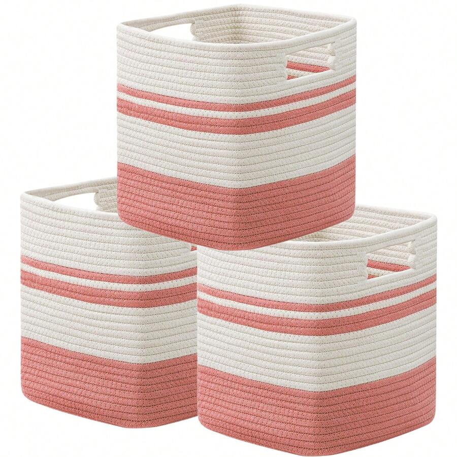 (3入組)櫃架收納籃,正方形編織繩收納籃,小型洗衣籃,收納編織籃,幼兒室、客廳、洗衣間、臥室玩具箱,可用來存放玩具、雜物、內衣褲、襪子、毛巾,尺寸：11x11x11英寸,25升,西瓜紅和白色 - 紅色和白 - 查看 1