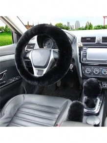3Pcs Set Winter Fashion Comfortable Thermal Steering Wheel Cover,Handbrake Cover,Gear Shift Cover Set Universal Furry Warm Plush Car Interior - Black - View 1