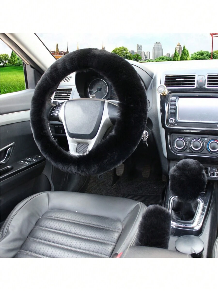 3Pcs Set Winter Fashion Comfortable Thermal Steering Wheel Cover,Handbrake Cover,Gear Shift Cover Set Universal Furry Warm Plush Car Interior - Black - View 1