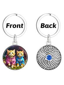 1pc Cute Couple Cat Keychain&Keychain Wristband Wallet With Shiny Royal Blue Rhinestone 30mm Glass Sticker Vintage Keychain On Back Birthday Gift For Boyfriend Girlfriend - Royal Blue - View 2