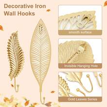 4pcs Decorative Leaves Iron Hooks, 4 Style Feather/Maple Leaf Wall Mounted Hangers Gold Coat Hooks For Hanging Key, Towel, Coat, Photo Frame, Hat, Bag And Umbrella - Gold - View 2