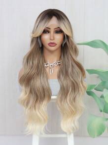 1套26英寸混色棕色13x1 T型前綁式蕾絲假髮,合成纖維髮質,波浪狀髮型,適用於時尚女性的日常及派對使用 - 彩色 - 查看 2