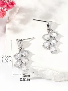 1pair Fashionable Cubic Zirconia Leaf Shaped Copper Earrings For Women's Daily Wear - Silver - View 4