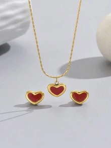 經典鈦鋼項鍊和耳釘套裝,白色人工珍珠心形吊墜,18k鍍金,是女性節日禮物的理想選擇 - 金色 - 查看 6