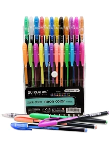 24 Plumas de gel Neón y Glitter de tinta Gouache bolígrafos 1.0 mm con estuche brillantes colores metalicos para colorear dibujar rellenar pintar marcadores set repuesto bola de rodillos pastel marcador oficina papelería escolar escuela útiles moda escolares escritorio escribir apuntar oficina colorear escritura glitter pastel metálico - Multicolor - Ver 9