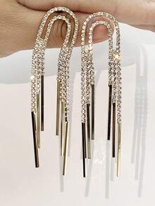 1對歐美風格鑽石鑲嵌流蘇u型耳環 - 金黃色 - 查看 2