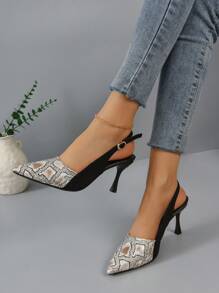 小尺碼高跟女鞋,法式復古風格,尖頭,舒適,細高跟,時尚水鞋,春/夏/秋/冬系列,女士拼接黑色涼鞋 - 黑色 - 查看 1