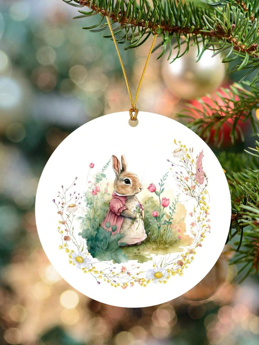 1 件復活節壓克力圓形吊墜,帶有花卉和兔子設計,適合牆壁/窗戶裝飾或紀念禮物 - 彩色 - 查看 1