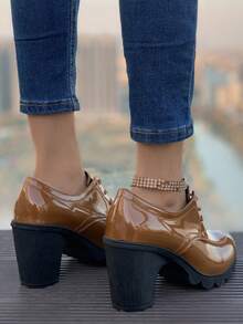 Women's Black Mary Jane Shoes With Round Toe, Thick Heel And Ankle Strap, Made Of Soft Leather, Suitable For Work - Brown - View 8