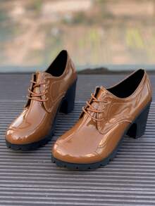 Women's Black Mary Jane Shoes With Round Toe, Thick Heel And Ankle Strap, Made Of Soft Leather, Suitable For Work - Brown - View 3