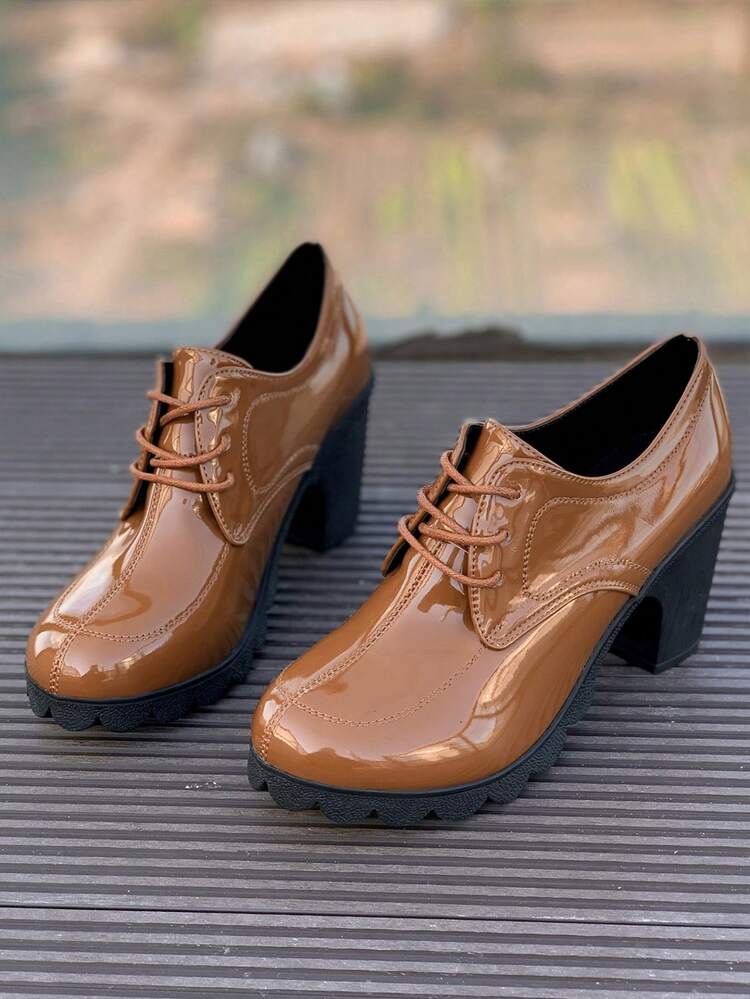 Women's Black Mary Jane Shoes With Round Toe, Thick Heel And Ankle Strap, Made Of Soft Leather, Suitable For Work - Brown - View 3