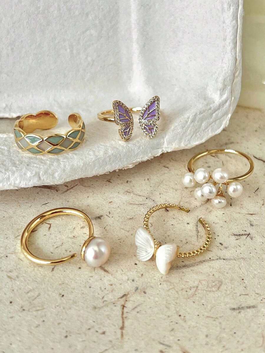 5入組蝴蝶開口戒指,獨特設計,珍珠裝飾,時尚感,適合少女 - 金黃色 - 查看 1