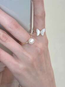 5入組蝴蝶開口戒指,獨特設計,珍珠裝飾,時尚感,適合少女 - 金黃色 - 查看 5