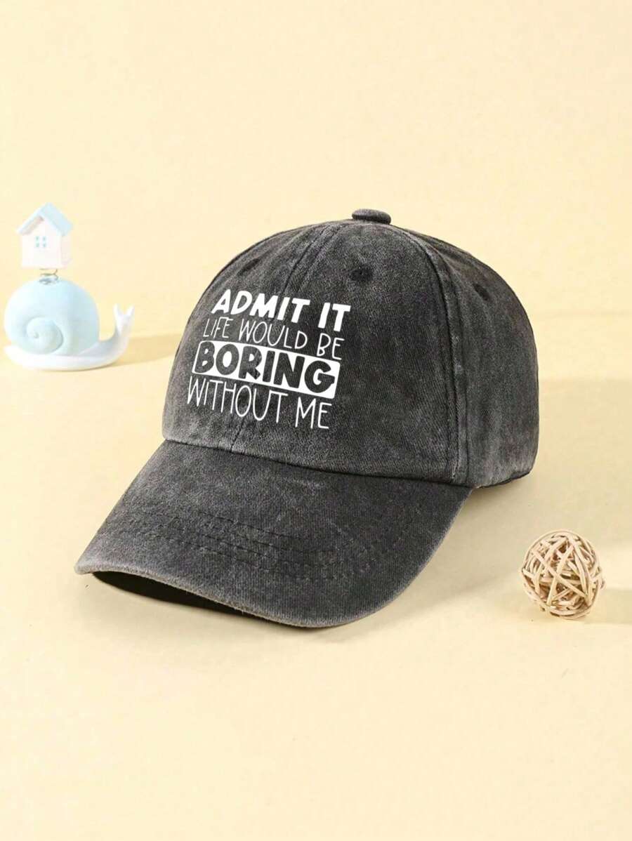 1入組黑色2k兒童防曬帽,印有“承認沒有我生命會很無聊”字樣,適用於男女春季/秋季旅行海灘度假 - 黑色 - 查看 1