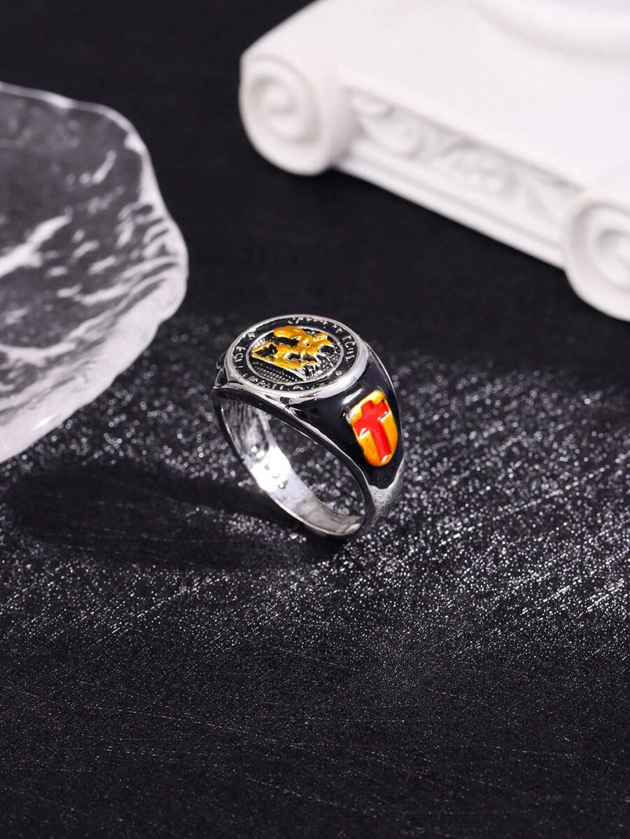 1pc Two Tone Oil Drop Knight's Cross Ring - Antique Silver - View 1
