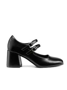 Women'S Square Toe Mary Janes Chunky Mid-Heel Dress Pump Shoes - 黑PU - 查看 5