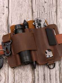 1pc Leather Edc Tool Pouch With Eagle Mouth Buckle, Multifunctional Flashlight Sheath, Tactical Waist Bag For Men - Brown - View 3