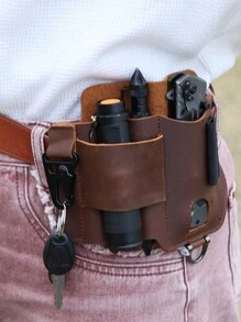 1pc Leather Edc Tool Pouch With Eagle Mouth Buckle, Multifunctional Flashlight Sheath, Tactical Waist Bag For Men - Brown - View 2