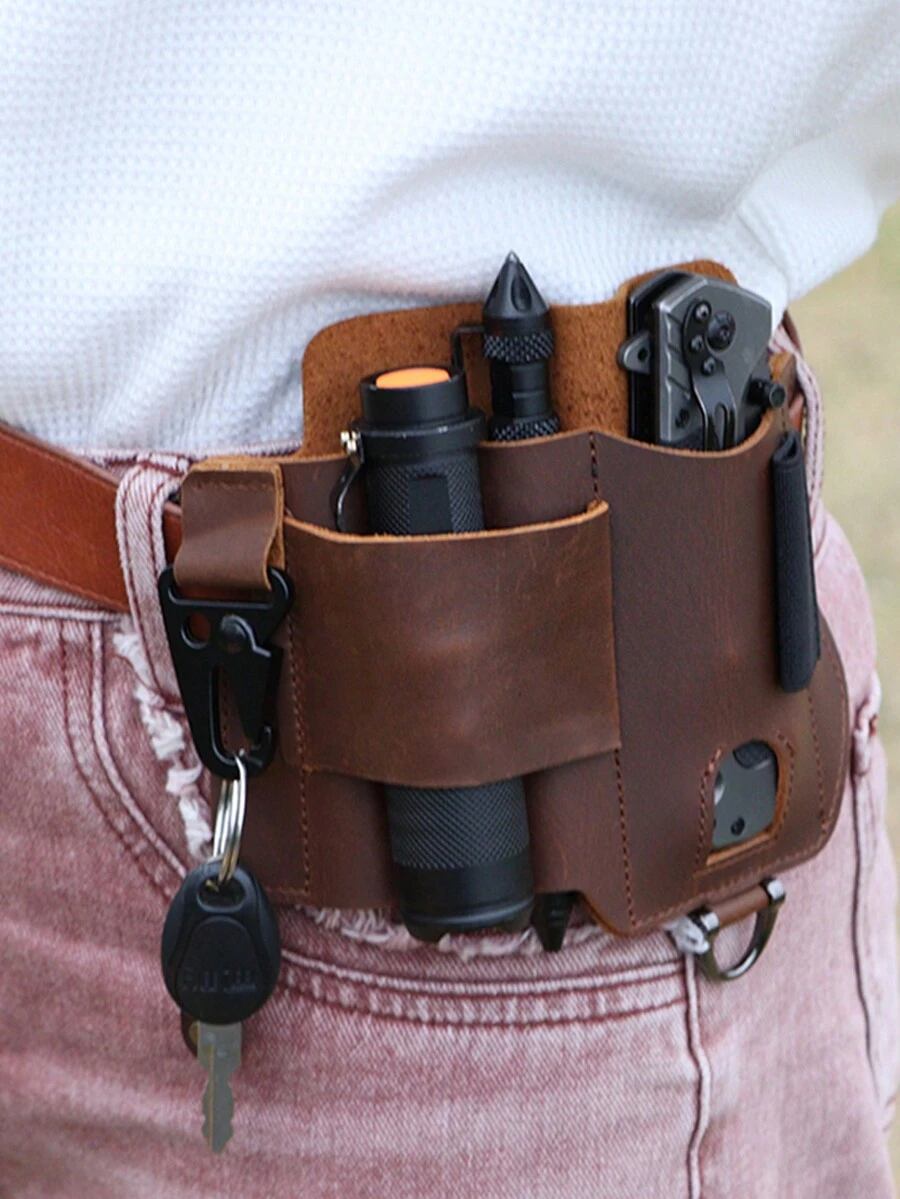 1pc Leather Edc Tool Pouch With Eagle Mouth Buckle, Multifunctional Flashlight Sheath, Tactical Waist Bag For Men