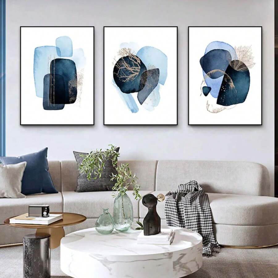 3pcs Hiện đại Màu xanh hải quân Trừu tượng Hình học Nghệ thuật tranh sơn dầu In ấn Tường Áp phích Hình ảnh Đối với Phòng khách Nhà  Đồ trang trí , Không có khung - Nhiều màu - Xem 1