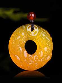 Yellow Agate Fengshui PIXIU Round Pendant Necklace - Yellow - View 1
