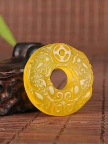 Yellow Agate Fengshui PIXIU Round Pendant Necklace - Yellow - View 4