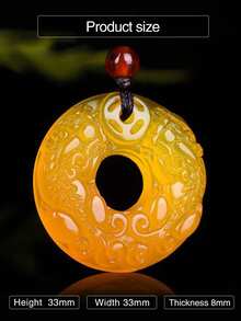 Yellow Agate Fengshui PIXIU Round Pendant Necklace - Yellow - View 6