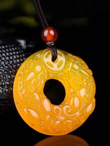 Yellow Agate Fengshui PIXIU Round Pendant Necklace - Yellow - View 2
