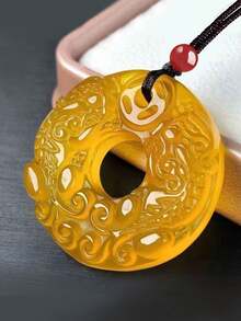 Yellow Agate Fengshui PIXIU Round Pendant Necklace - Yellow - View 3