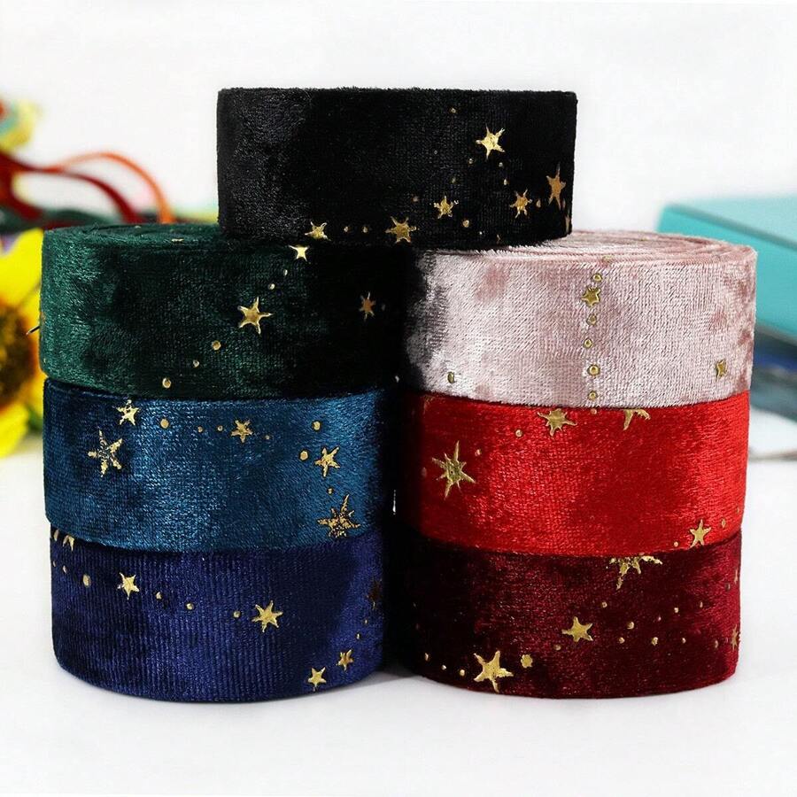 2Meter/Lot Double-Sided Gold Star Golden Velvet Cloth Ribbons 1"(25MM) Bow Cap DIY Clothing Accessories Party Gift - Multicolor - View 1