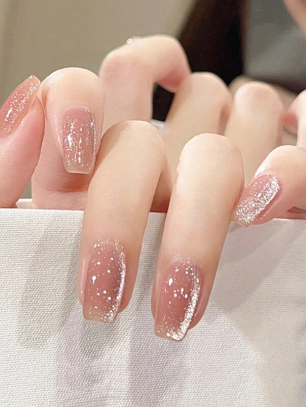 24 piezas/Set de puntas de uñas postizas con diseño de cabeza plana, puntas de uñas rosas con brillo tipo ojo de gato para aplicar sobre las uñas