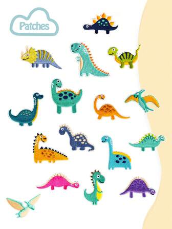 16pcs Dinosaur Series, Pterosaur, Tyrannosaurus Rex, Stegosaurus Design Cartoon Combination Diy Iron On/Sew On Patch, Suitable For Clothes, Bags, Hats And Other Items