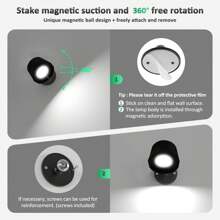 1 Pack LED Wall Sconces With Rechargeable Battery Operated,  Picture Painting Wall Light With Remote, 360° Rotate Magnetic Ball ( 2 Types: A: 3 Light Colors, B: 3 Light Colors + 10 RGB Colors Dimmable ) - Black - View 2