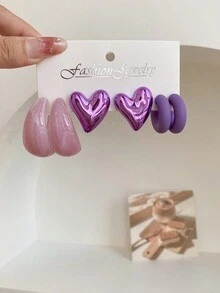 1 Set Of 3 Pairs Simple And Elegant Geometric Mismatch Shape Heart Stud Earrings, Suitable For Women's Daily Wear - Multicolor - View 4