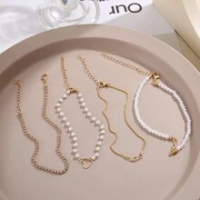 4pcs/Set Women's Cross-Border New Style Creative Retro Pearl & Rhinestone Bracelet Set With Hollow Heart Shaped & Waterdrop Stone Inlay - Yellow Gold - View 6