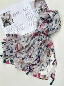 1條花卉印花甜美&年輕&清新&優雅&有感染力的女士圍巾 - 白色 - 查看 7