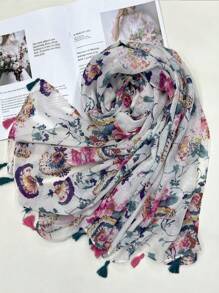 1條花卉印花甜美&年輕&清新&優雅&有感染力的女士圍巾 - 白色 - 查看 1